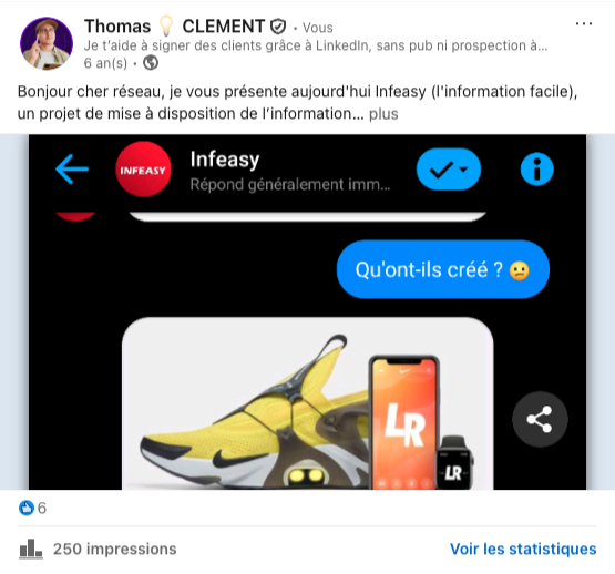 Ancien post LinkedIn de Thomas CLEMENT avec 6 likes et zéro commentaire